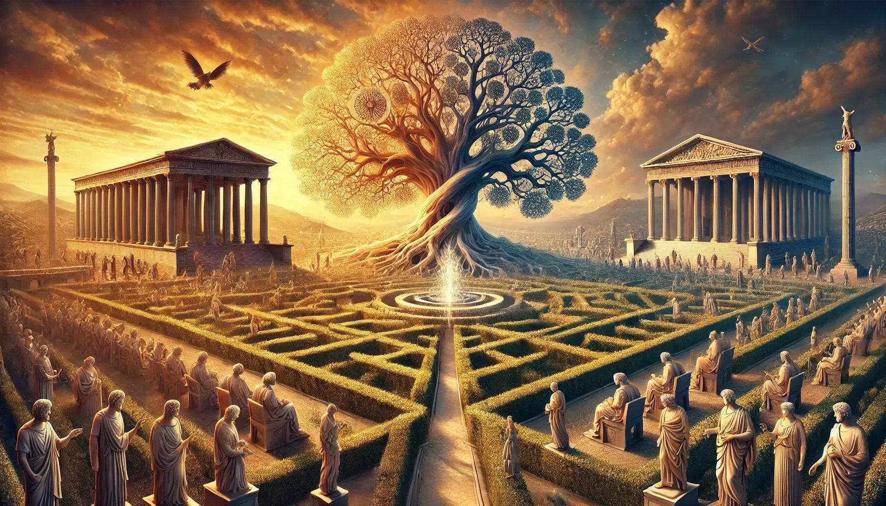 DALL·E 2025-03-17 06.23.54 - A visually striking landscape representing the differences between Socratic, Aristotelian, and DSRP logic___- In the center, a large, dynamic tree wit